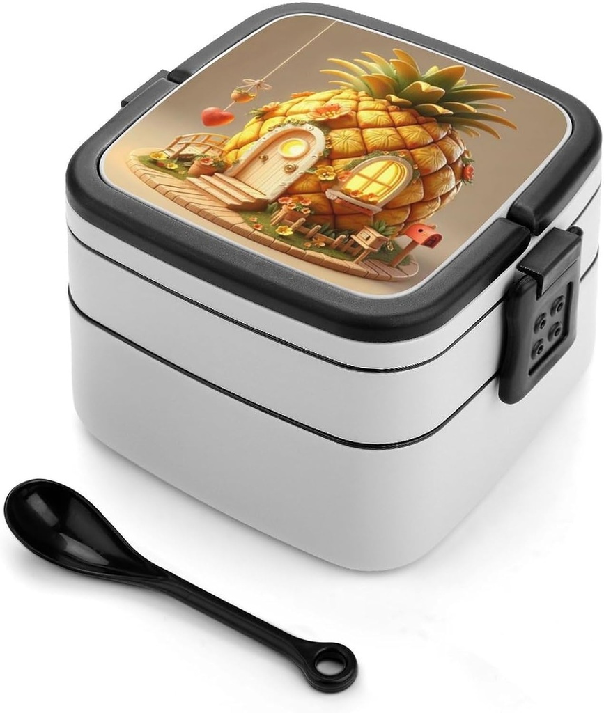 Double Layer Bento Box for Adults Cartoon Pineapple House Print Stackable Bento Box Removable Lunch Boxes for Dining Out,Work