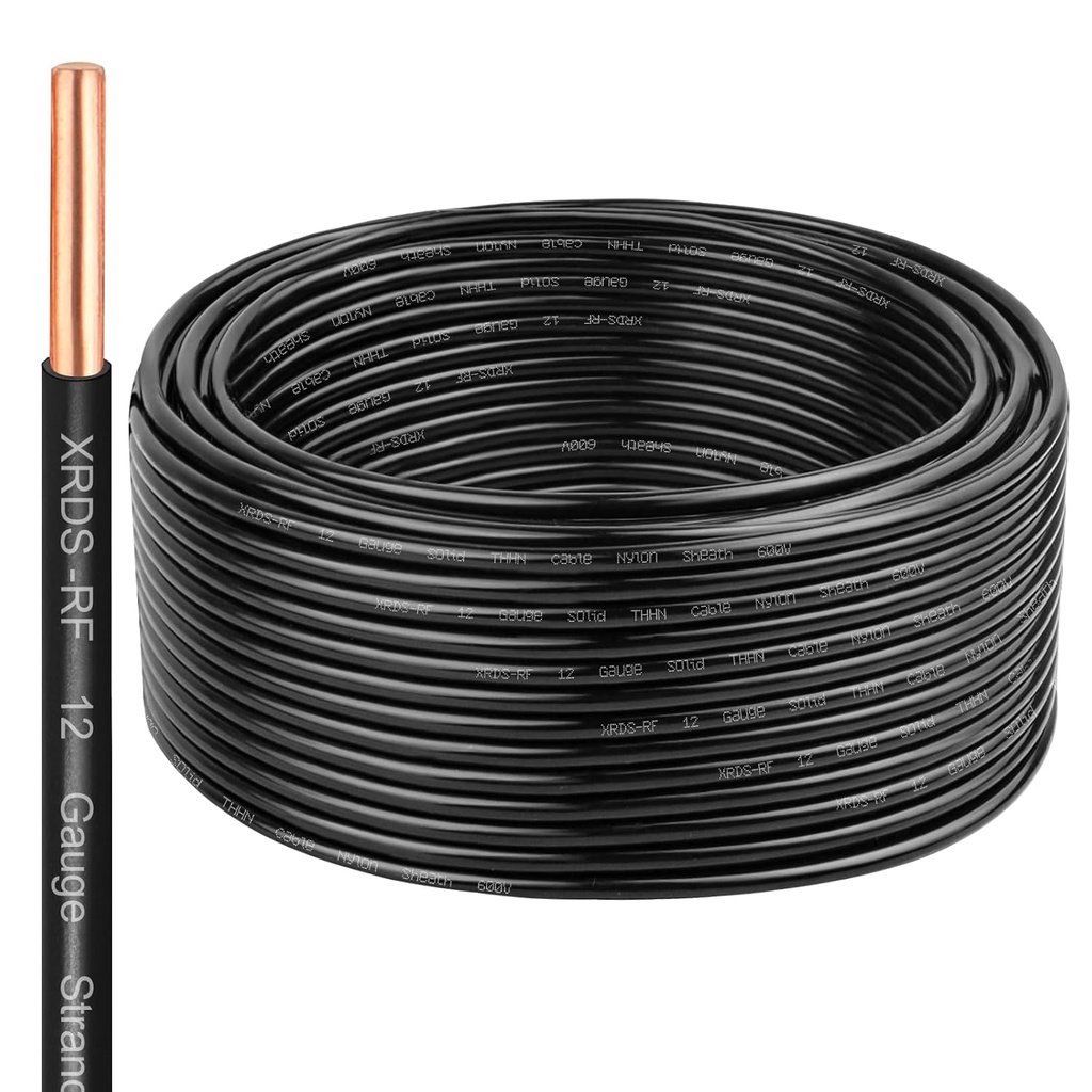 THHN Wire 50 FT, Single Bare Copper Conductor, 12AWG Black Electrical Wire, Solid Building Wire 600V Nylon Sheath Cable for Indoor/Outdoor Applications