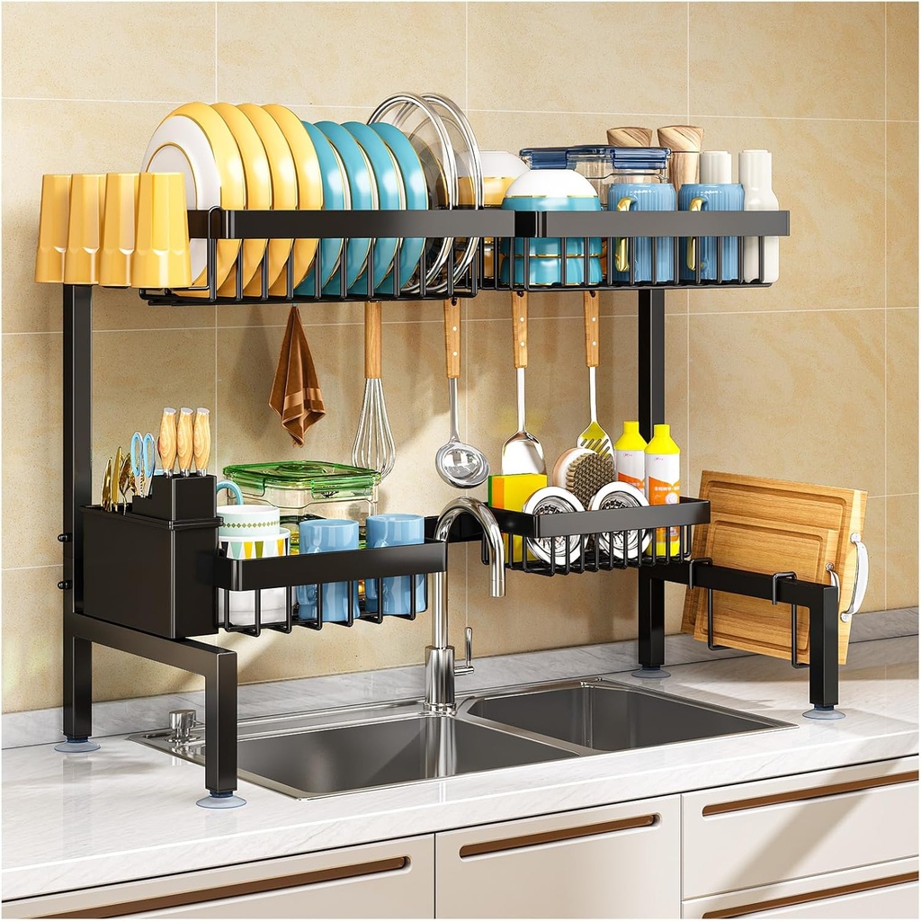 2 Tiers 4 Baskets (one More Than Others) Over The Sink Dish Drying Rack,fits All Sinks (from 24.8" to 35.4"),2-Tier Adjustable Sink Rack,Dishes Rack Kitchen Storage Organizer Space Saving