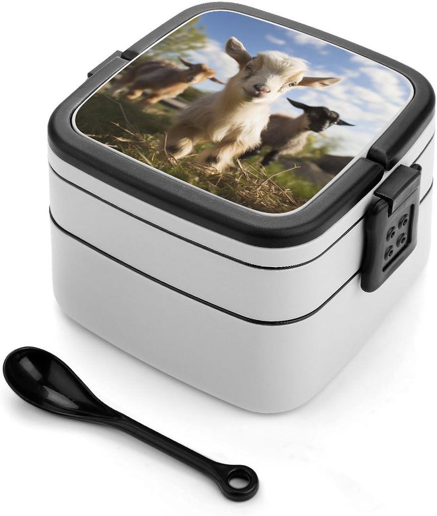 Cute Goat Bento Box Double-Layer Bento Lunch Container with Spoon And Invisible Handle Adult Leak-Proof Lunchbox for Dining Out Work Picnics Travel