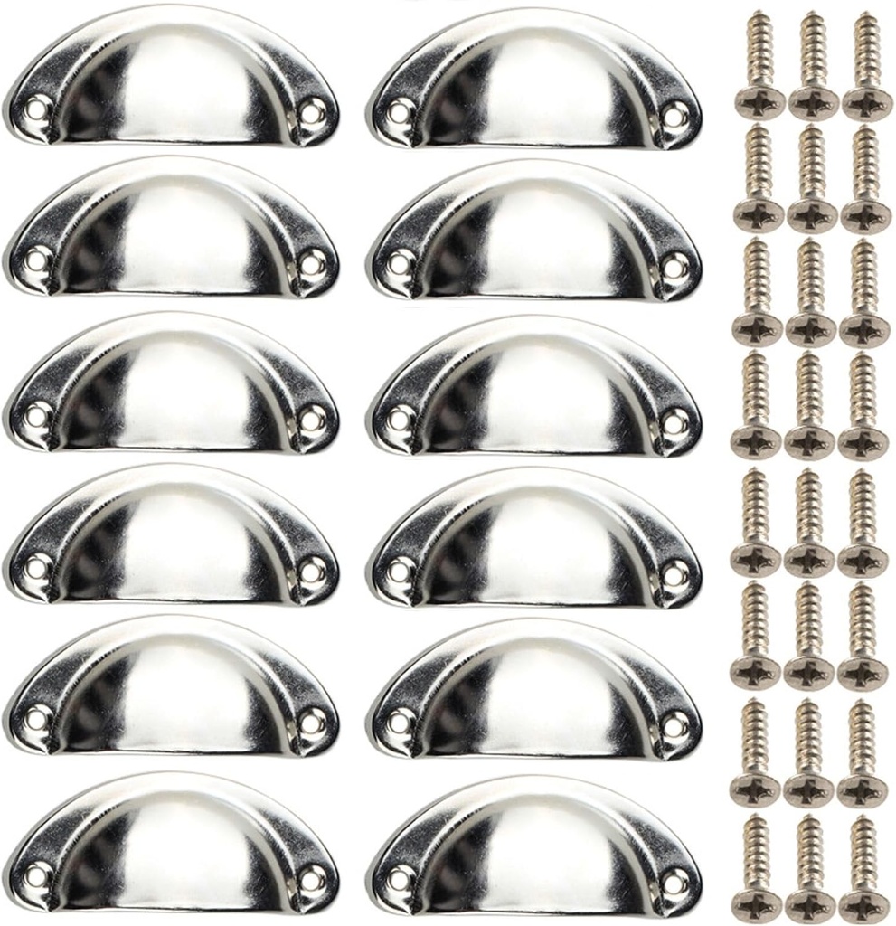 Cabinet Cup Pulls 3 inch (82mm), Modern Silver Kitchen Cabinet Handles, 12 Pack Furniture Door Hardware Knobs with Screws for Chest of Drawers Cupboard Dresser Wardrobe