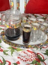 Saba Ethiopian Glass Beverage Set, 1.6L Jug with 6 Glasses, Decorative Folk Art Design