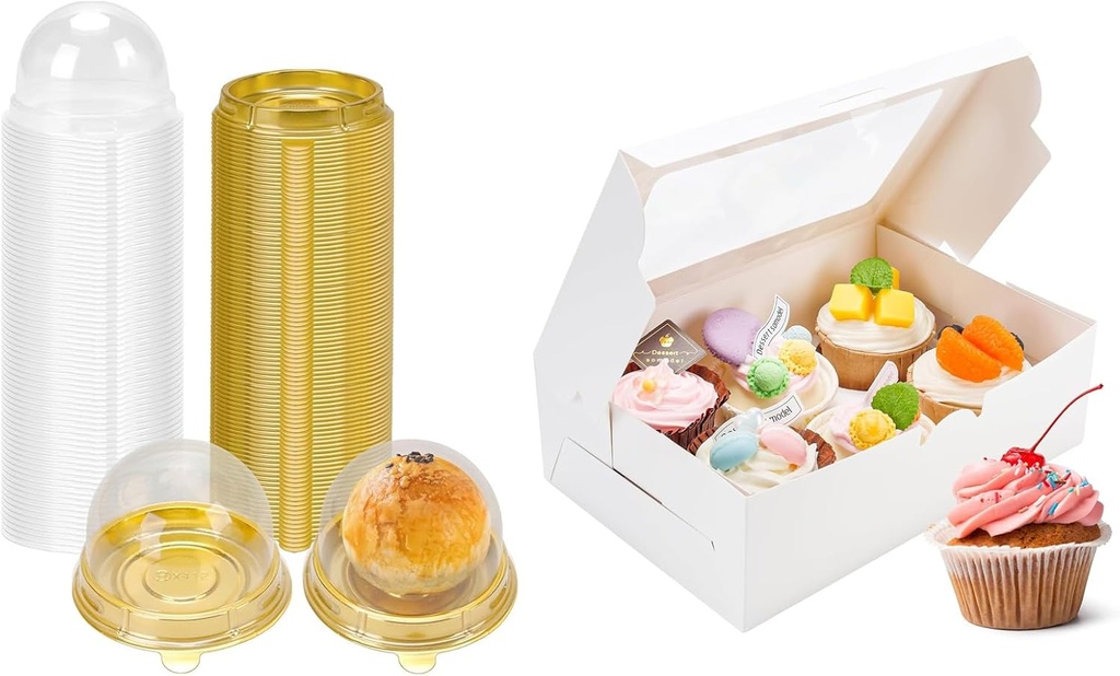 Bundle of 100 Pack Mini Cupcake Container and 15 Pack Cupcake Boxes with Inserts 6 Holders