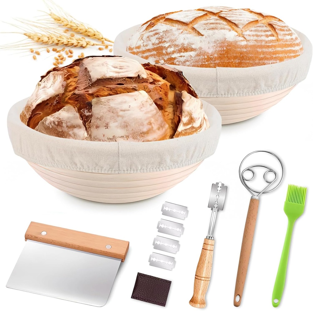 Banneton Bread Proofing Basket Set - 9 Inch Round Sourdough Baking Kit with 2 Baskets, 2 Liners, Danish Whisk, Dough Scraper, Bread Lame (5 Blades + Guard), Basting Brush - Artisan Bread Tools