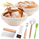 Banneton Bread Proofing Basket Set - 9 Inch Round Sourdough Baking Kit with 2 Baskets, 2 Liners, Danish Whisk, Dough Scraper, Bread Lame (5 Blades + Guard), Basting Brush - Artisan Bread Tools