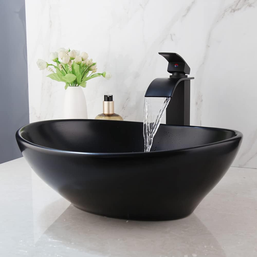 Oval Bathroom Vessel Sink Ceramics Deck Mounted Washing Bowl Waterfall Faucet Mixer Brass Tap Set