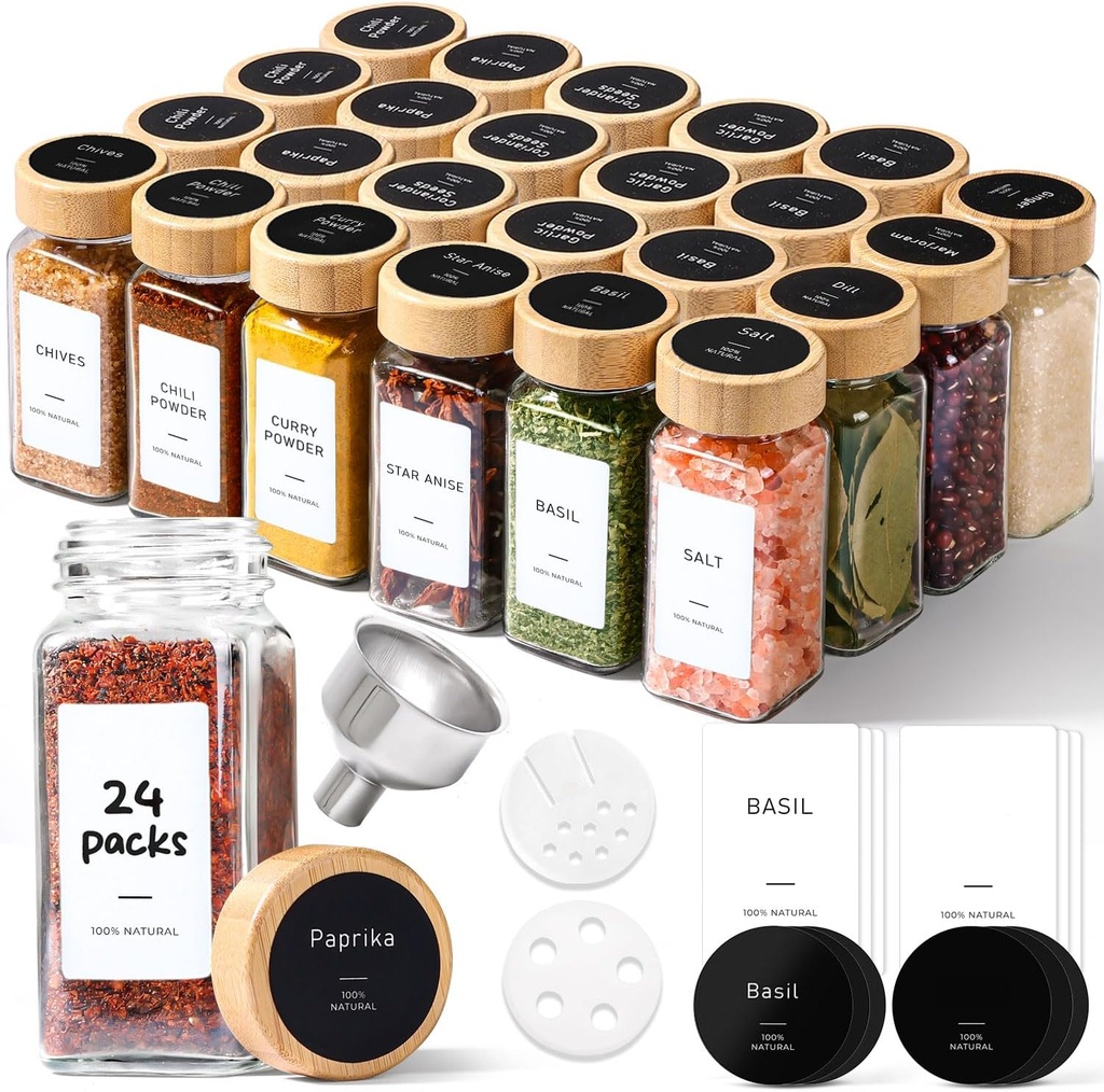 ComSaf Spice Jars with Label 4 oz 24Pcs, Glass Spice Jars with 6 Extra Shaker Inserts and 93 Labels, Seasoning Set with Bamboo Lids and Metal Funnel, Square Containers for Organization, Salt, Pepper