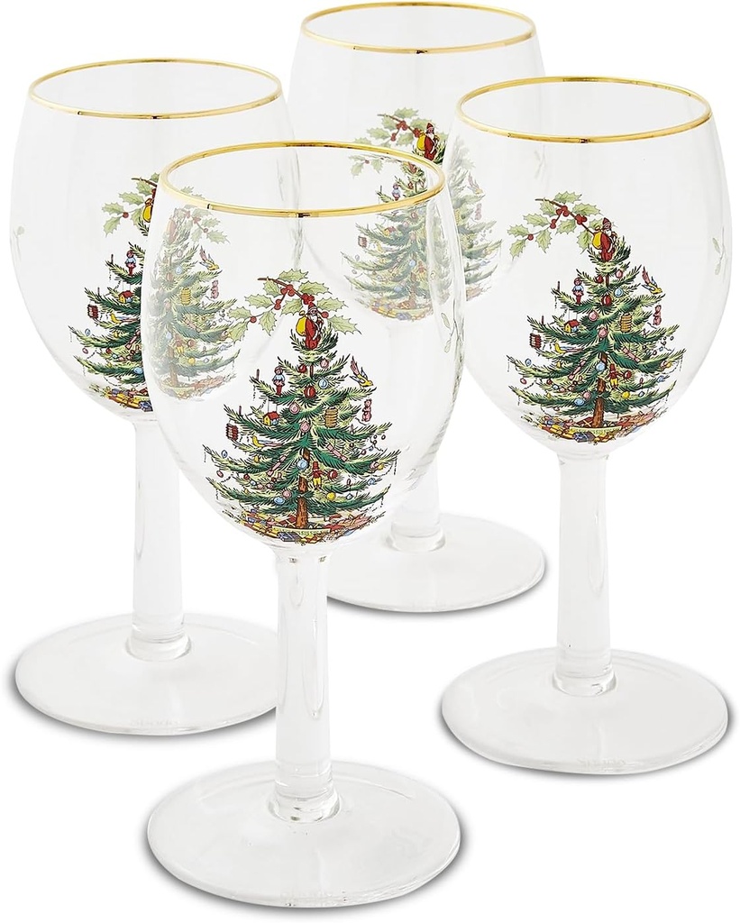 Spode Christmas Tree 13oz Wine Glasses, Set of 4 - Festive Holiday Drinkware with Gold-Rimmed Seasonal Designs, Ideal for Red or White Wine at Christmas Dinners and Family Gatherings