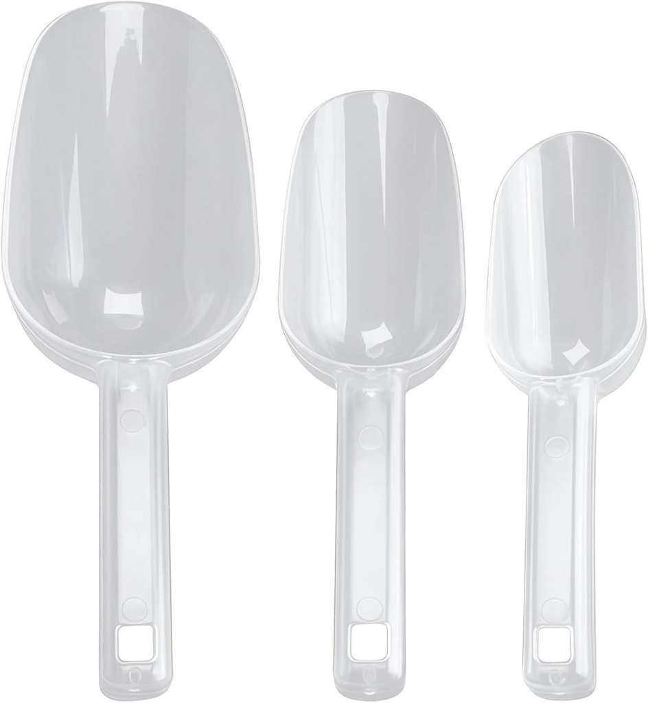 Includes Small, Medium, and Large Sizes, Food Safe Ice Bucket Clear Thickened, 3 Pcs Plastic Ice Scoops for Freezer
