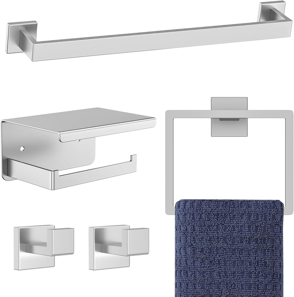 5-Pieces Brushed Nickel Bathroom Hardware Accessories Set,16 Inch Towel Bar Set,Stainless Steel Bathroom Hardware Set Towel Holder Set for Bathroom,Wall-Mounted Bathroom Accessories Kit