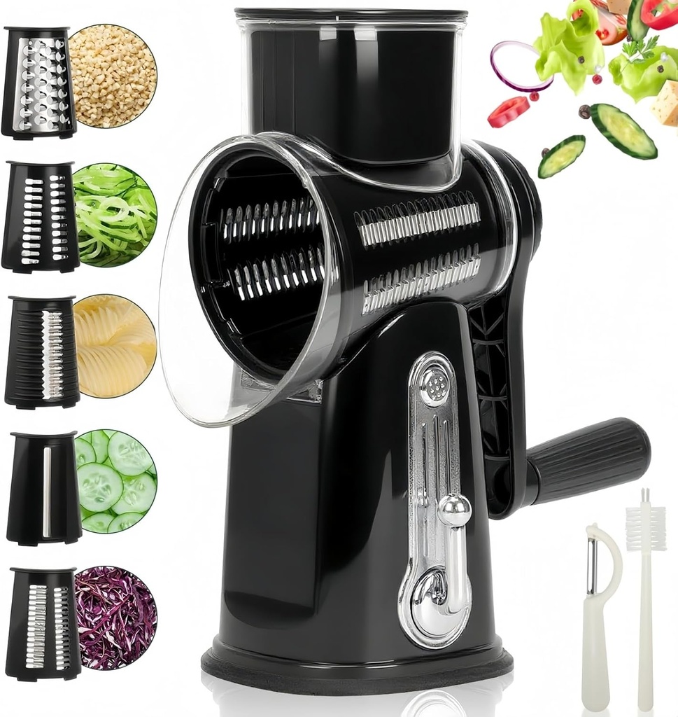 Rotary Cheese Grater with Handle, Manual Vegetable Slicer Grater with 5 Detachable Stainless Steel Blades, Round Grater Slicer Hand Crank Food Chopper for Kitchen with Blade Storage Box