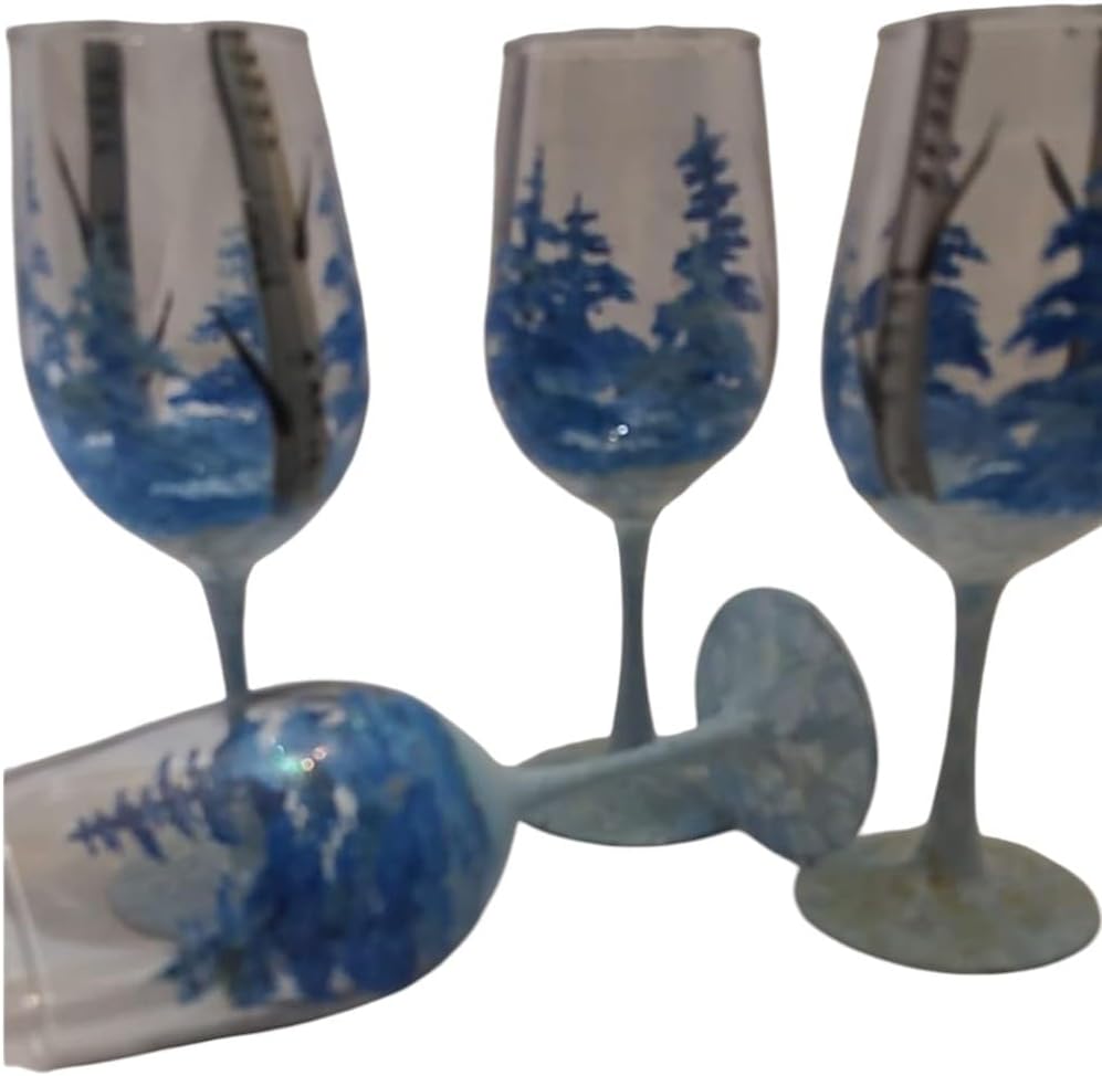 Hand painted blue pine and birch tree goblets. Set of 4. 12 ounces. USA