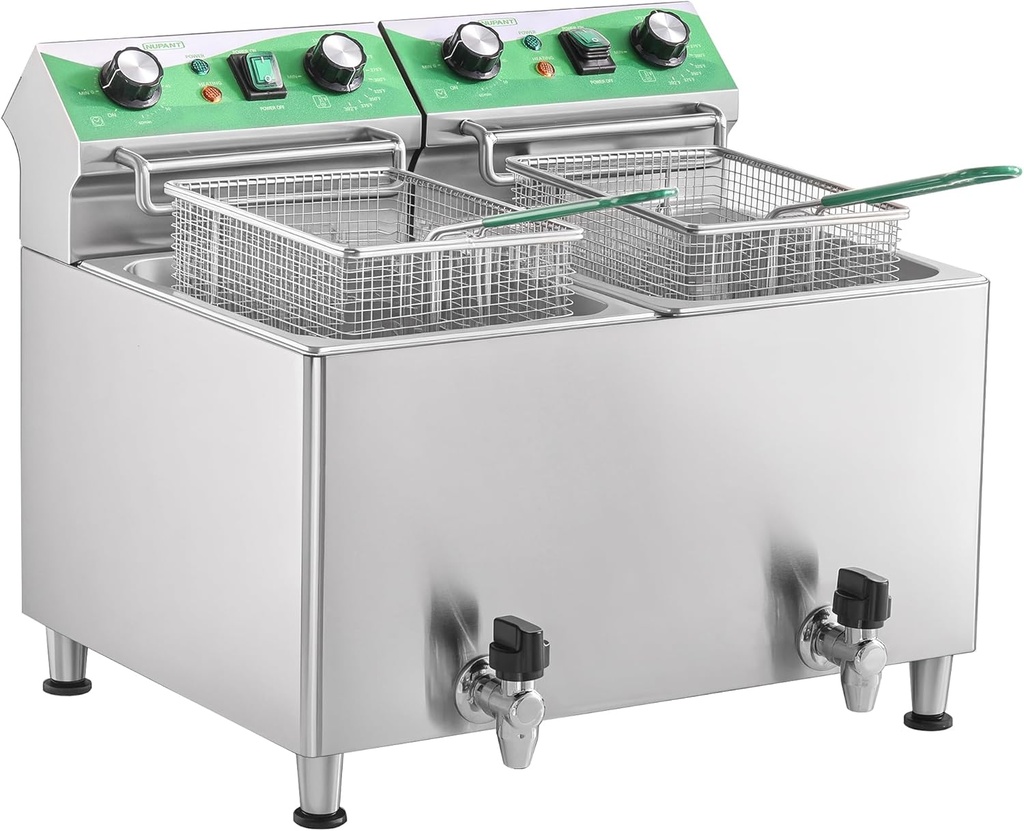 25.3QT/24L Commercial Deep Fryer with Oil Filtration and Timer Electric Deep Fryer with 2 Baskets and Lids Dual Tank Stainless Steel Large Countertop Fryer for Restaurant Use,110V 1750W x 2