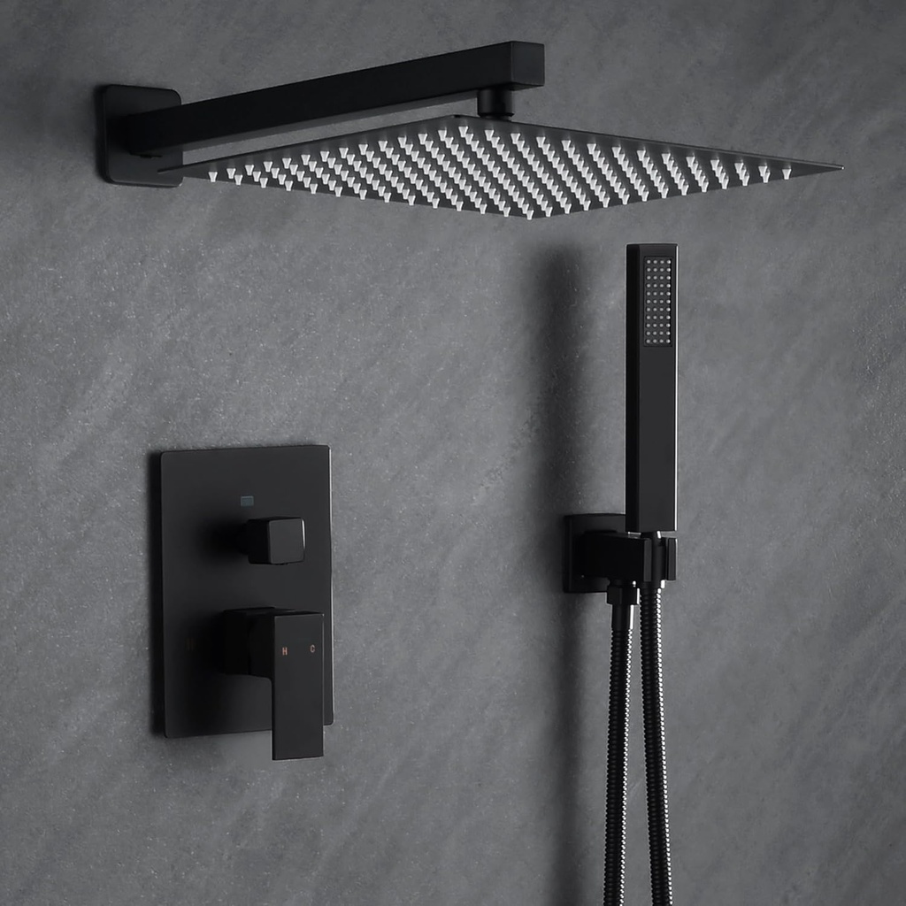 Fransiton Shower Faucet set with Shower head 10 Inches Rainfall Shower Head and Handle Set Single Handle Wall Mounted Shower System Set with Female Threads Valve Body(Matte Black)