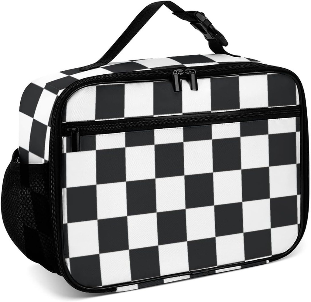 Black White Racing Checkered Reusable Lunch Box Insulated Lunch Bag Cooler Bag Lunchbox Meal Food Container Tote Bag for Women Kids Girls Boy School Camping Hiking Picnic Beach Travel