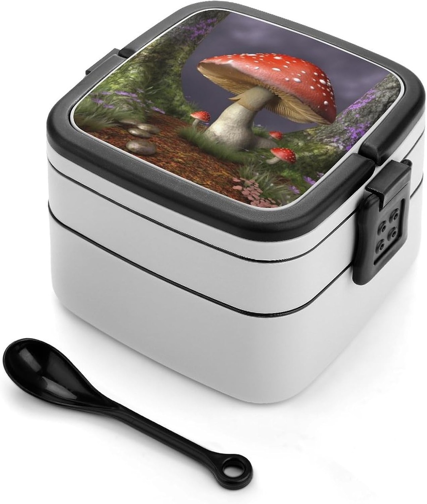 Mushroom Bento Box Adult Lunch Box All-in-One Lunch Containers with Removable Compartments Double Layer Bento Lunch Box with Spoon And Handle Stackable Lunchbox