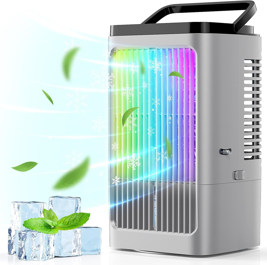 Portable Air Conditioners, 4 Speeds Air Cooler, 2 Level Humidifies, 1-8H Timer, 7 Color Light, Evaporative Air Cooler with Touch Screen, Portable Air Conditioner for Bedroom, Car and Office-Black