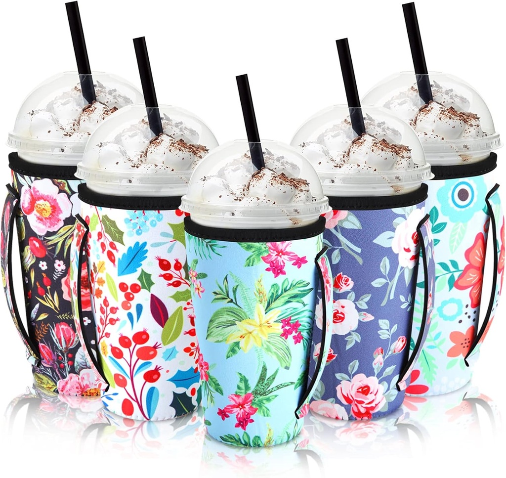 Chengu 5 Packs Iced Coffee Sleeve Flower Patterned Insulator Sleeves Reusable Sleeves for Coffee Neoprene Cup Holder for Cold Drinks Beverages Cup Sleeve with Handle, Fit 30-32 oz Coffee Cups