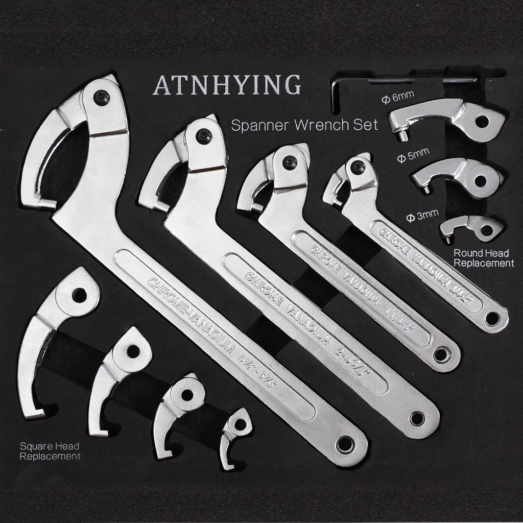 12pcs Adjustable Spanner Wrench Sets with Replaceable Head, C-Shape Pin Hook Wrench Tools for Pipes Heating Cars, Castle Buffer tube Nut Coilover Wrench for Suspension System, 3/4" to 6-1/10"