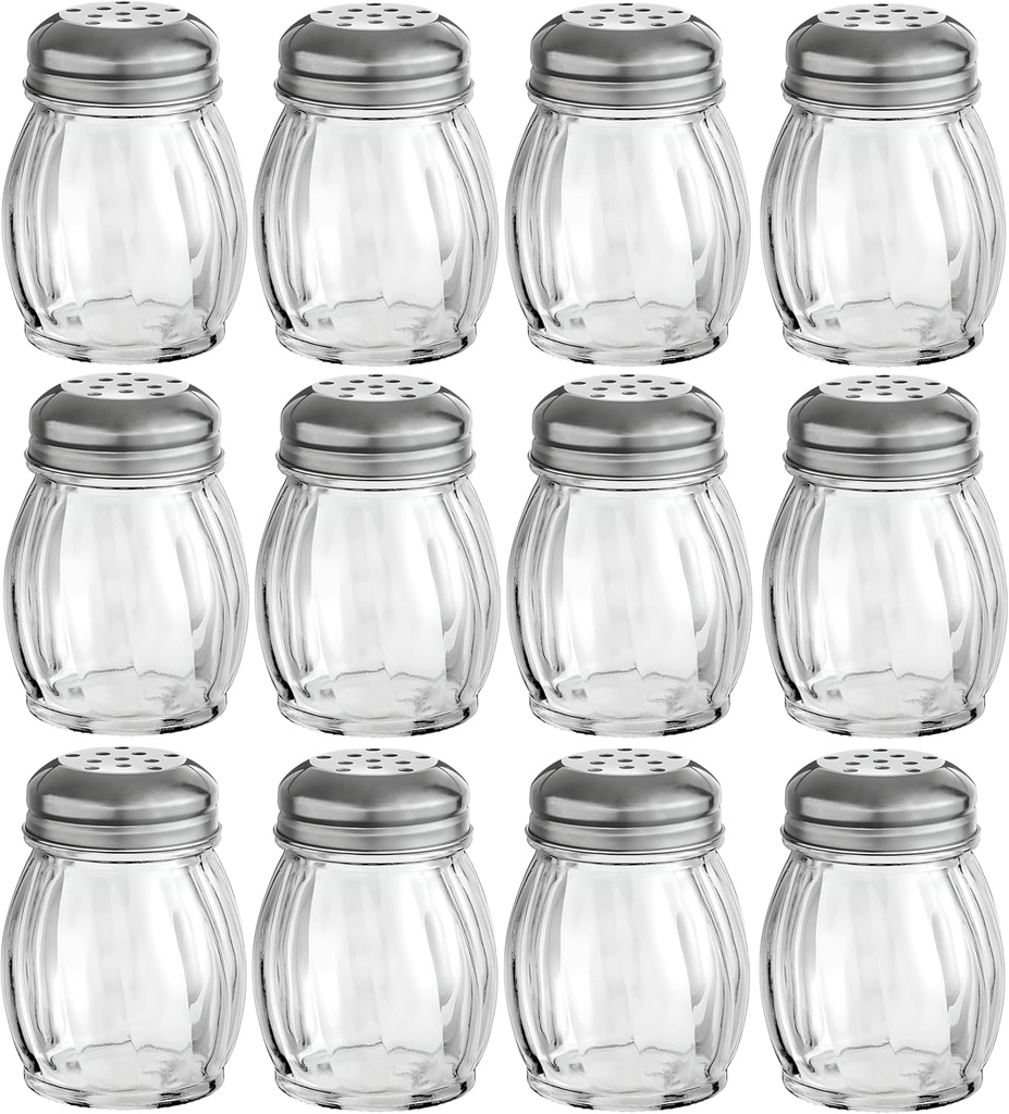 OCS Parts 3.5-Inch Glass Shakers with Chrome Plated Perforated Lids | 12-Pack | Grated Cheese, Chili and Red Pepper Shakers for Home Kitchens, Delis, Restauarants, and Pizza Parlors