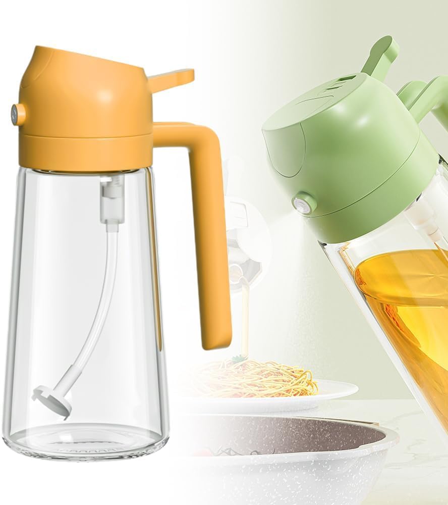 2 in 1 Glass Oil Sprayer and Dispenser, Upgrade Large Capacity Olive Oil Dispenser Bottle for Kitchen, Food-grade Oil Spray Bottle with Handle for Cooking, Air Fryer, Frying, BBQ (Orange, 470ml)