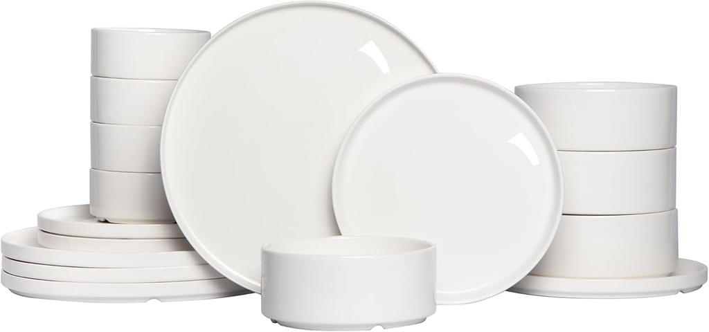 16 Piece Porcelain Dinnerware Set, Premium Plates and Bowls Sets,Modern White Dish Set for 4（PWT1605）