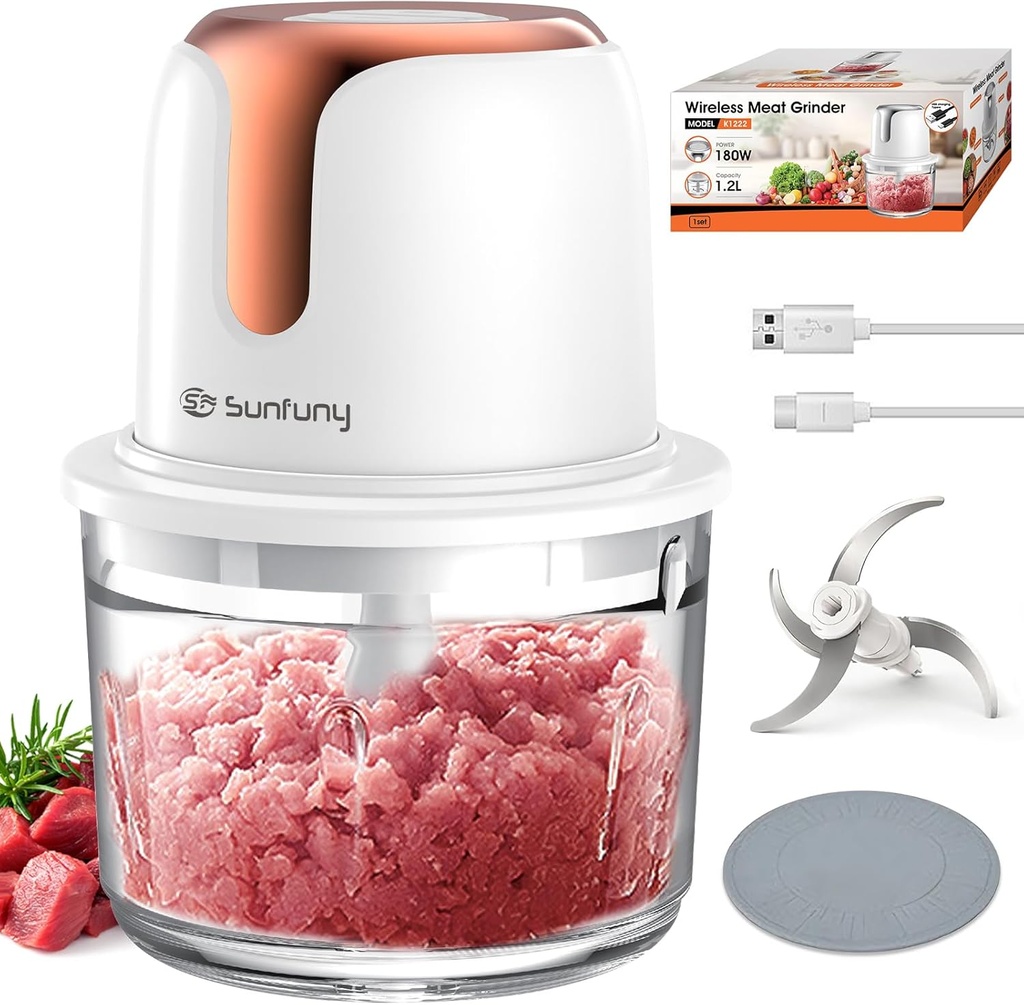 Sunfuny Cordless Food Processor, Mini Food Chopper Wireless with 5-Cup Glass Bowl, 6000mAh Battery USB-C Rechargeable Vegetable Chopper, Electric Meat Blender Garlic Grinder Kitchen Mixer (Rose Gold)