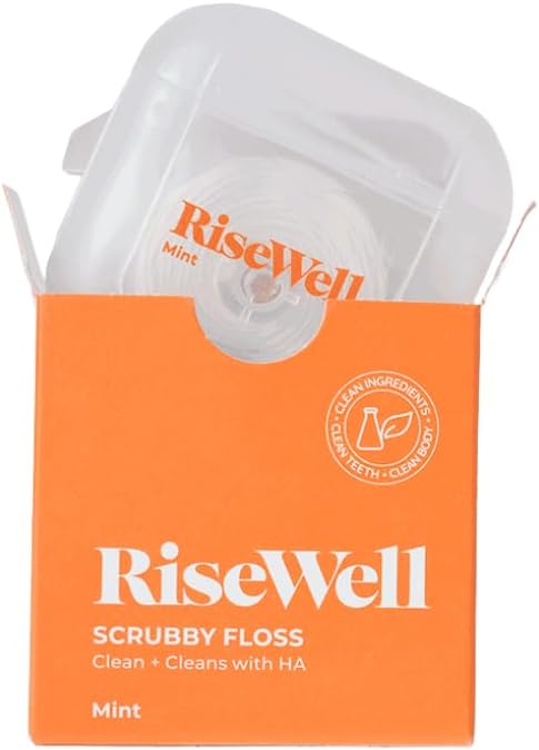 RiseWell Scrubby Tooth Floss - Natural PFAS Free Dental Floss for Teeth with Hydroxyapatite and Xylitol - Dentist-Formulated for Plaque Removal - Vegan, Natural, Expanding, Mint Waxed, 30 Yards
