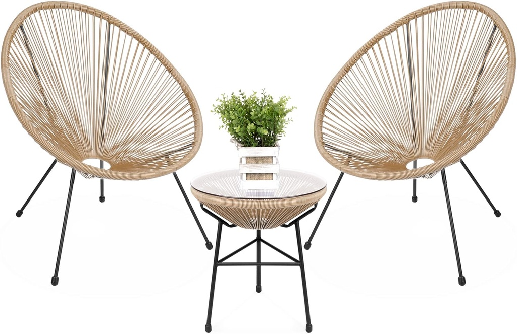 Best Choice Products 3-Piece Outdoor Acapulco All-Weather Patio Conversation Bistro Set w/Plastic Rope, Glass Top Table and 2 Chairs - Natural