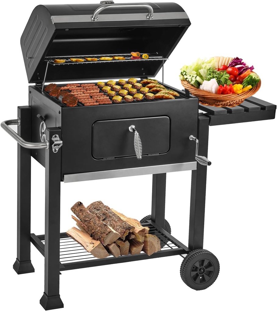 PIQUEBAR Charcoal Grills, Large Outdoor BBQ Grill Offset Smoker with Side Table Heavy Duty Outside Barbecue Grills Cooking Backyard Patio,Enamel Grill Grate