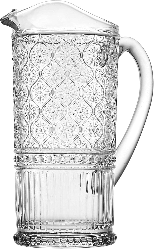 Godinger Claro Water Pitcher, 33 oz - Glass Jug with Handle with Vintage Embossed Texture, Non Leaded Crystal - Pitcher for Iced Tea, Water, Lemonade, Cocktails, Milk, Juice