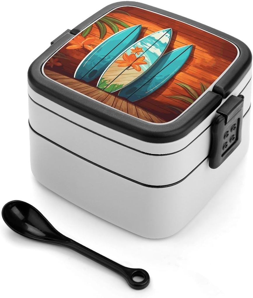 Stackable Double-Layer Bento Box Surfboard on Wooden Adults Lunchbox With Spoon Cute Japanese Bento Box Dishwasher Safe for Work Travel Dining Outc