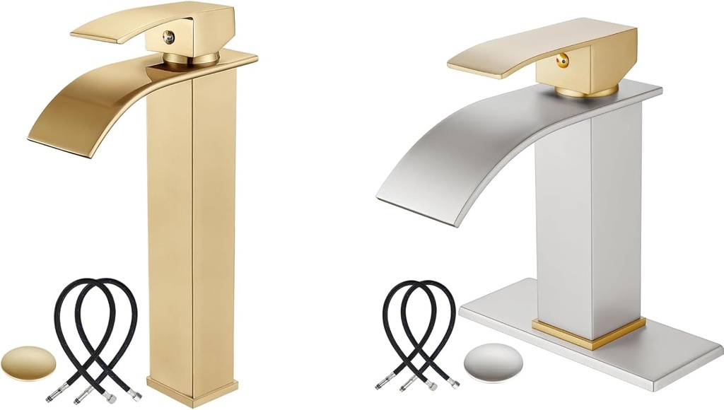 Midanya Brushed Gold Waterfall Bathroom Bowl Vessl Sink Tall Faucet Single Handle Single Hole with Brushed Gold Handle Brushed Nickel Single Handle 1 Hole Waterfall Bathroom Sink Faucet