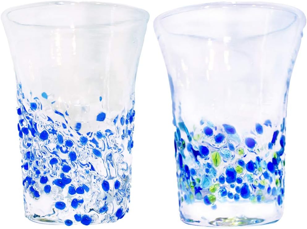 Tida Kobo Beer Glasses (Blue/Clear, Blue/Water/Green), φ2.8 inches (7 cm), Crushed, Pack of 2