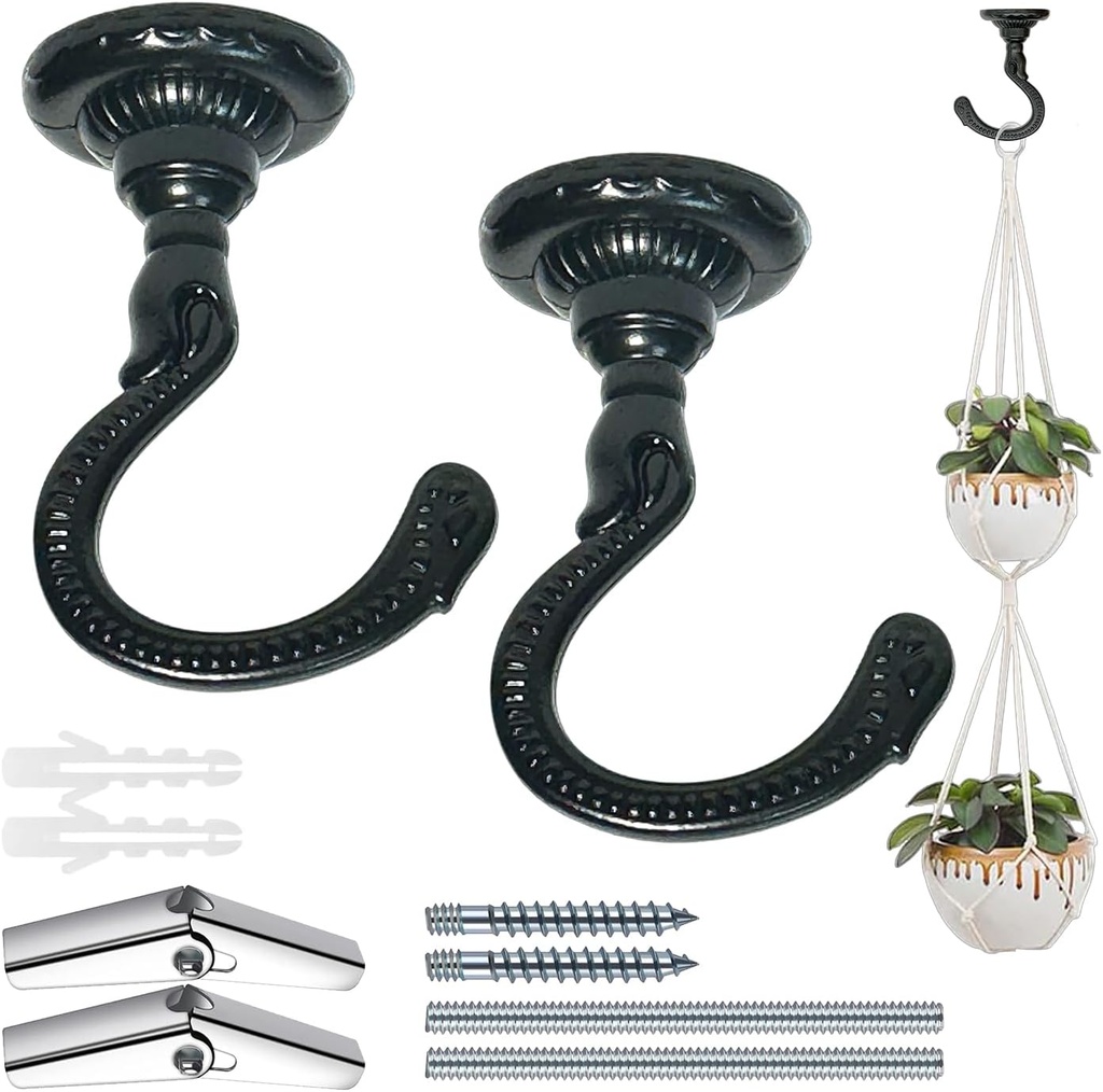 Heavy-Duty Ceiling Hooks 25–30 lbs Capacity with Hardware Kit – for Wood, Cement & Drywall Installation (2 Sets Black)