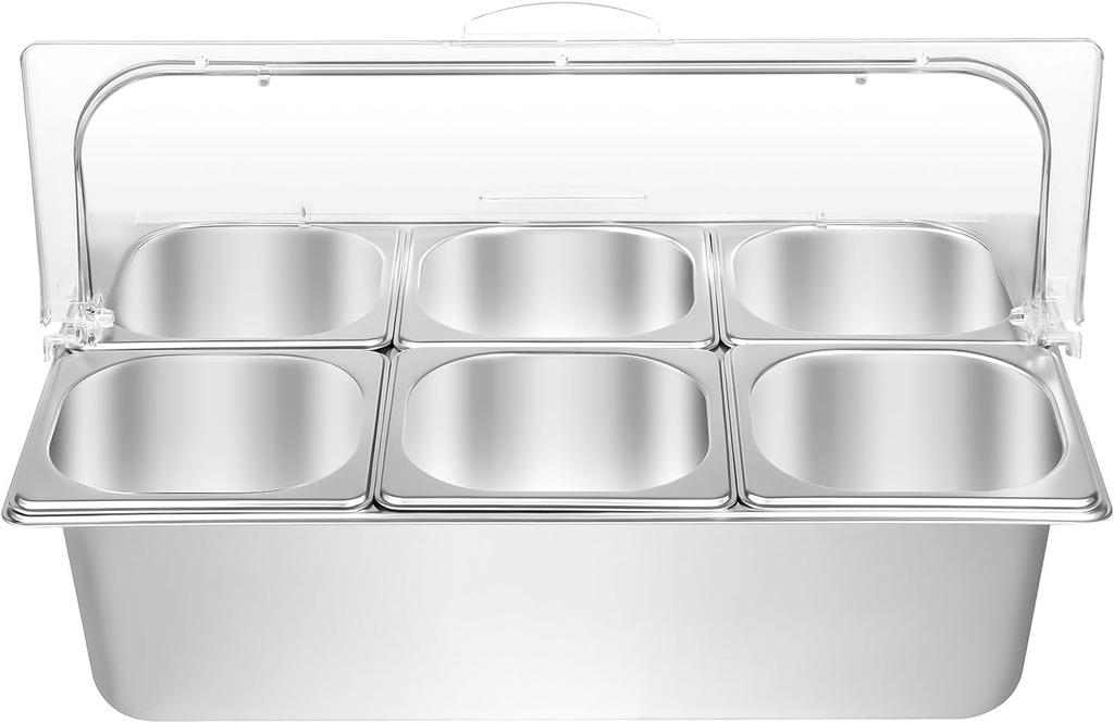 Ice Food Serving Display Tray,3.59 Qt Ice Chilled Condiment Caddy with 6 Pans, Salad Dressing Cold Serving Appetizer Condiment Dispenser, Double-Sided Opening Food Display Rack Sauce Organizer