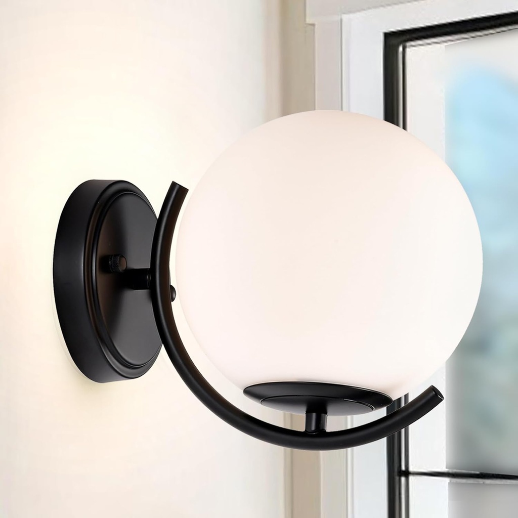 COTTAGE LIFE Modern Globe Wall Sconce with 7.1" Glass Shade, Mid Century Wall Light Fixture for Bedroom, Bathroom, Hallway – Black Finish, E26 Base, Hardwired