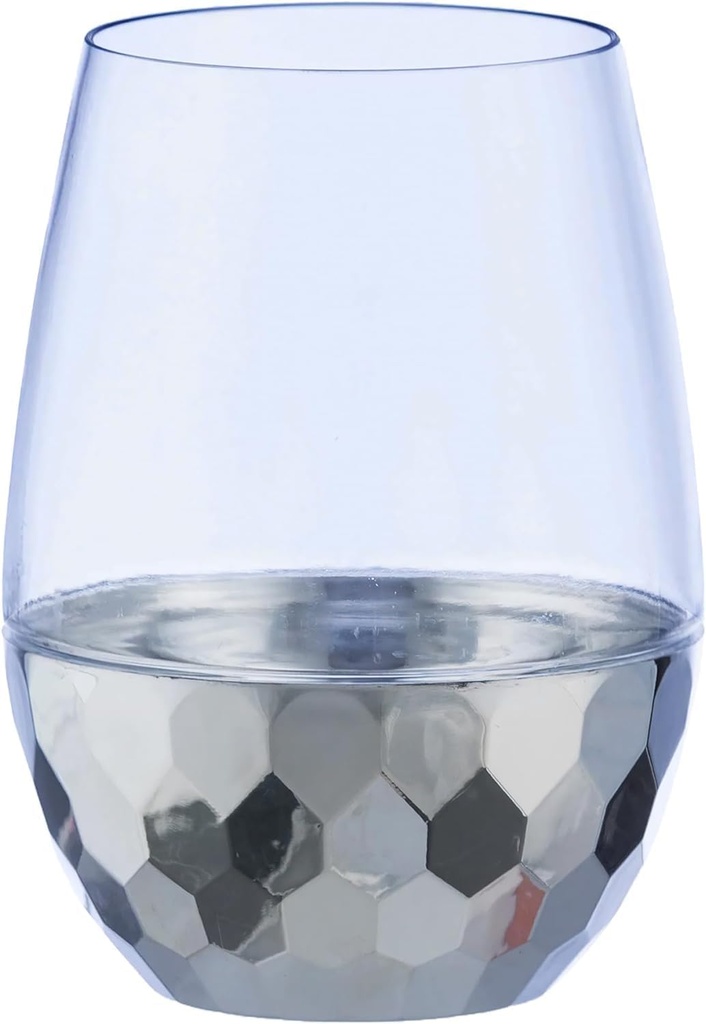 DecorLine Stemless Wine Goblet | 16 oz. | Silver Hammered Design | Pack of 6