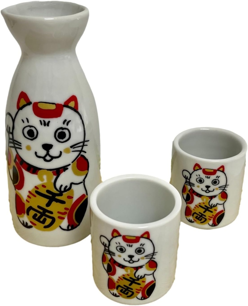 Japanese Mino Ware Ceramic Tokkuri Sake Bottle 5.4 Fluid Ounces and 2 Ochoko Guinomi Sake Cups 1.69 Fluid Ounces Set Lucky cat Manekineko Pattern from Japan (Red)