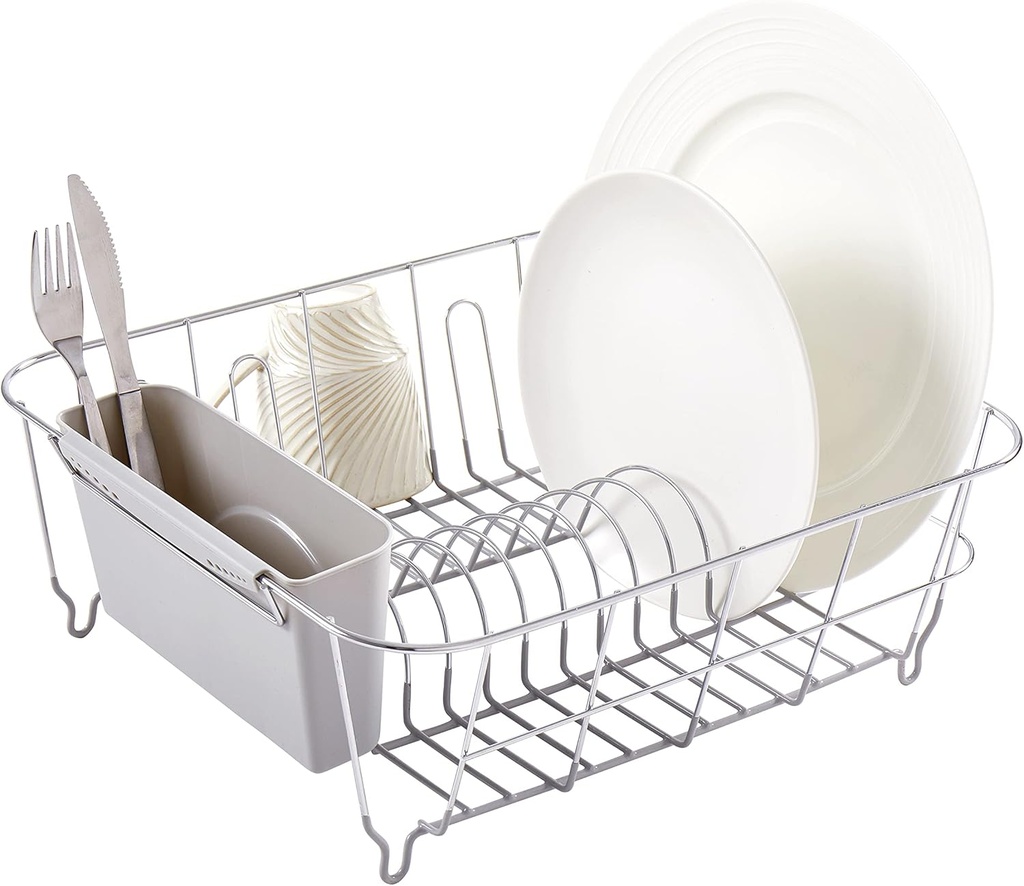 Dish Drying Rack & Cutlery Holder 2 Piece Set - Compact Sink-Fitting Dish Drainer with Rubberized Undercoating, Space-Saving Kitchen Organizer for Plates, Cups, Bowls & Utensils In Sink, Silver