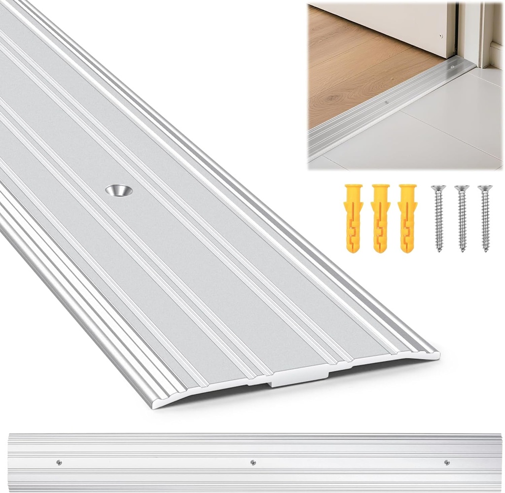 Aluminum Door Threshold - 36" L x 3" W Exterior Floor Transition Strip with Pre Drilled Holes and Expansion Screws, Non-Slip Fluted Saddle Threshold Flat Profile Threshold, Prevent Dust & Airflow