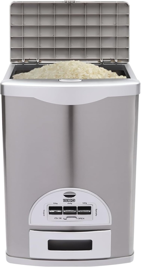 33 Lbs Automatic Rice Dispenser, Large Capacity Stainless Steel Rice Storage Container with Child Lock&Groove Handles for Kitchen, Pantry and Home