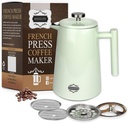French Press Coffee and Tea Maker - Vacuum Insulated Premium Stainless Steel Coffee Press 34 Ounce - 1 Liter. Stylish Off White Cafetiere