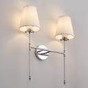 Wall Sconce with Flared White Textile Lamp Shade, Double Sconces Wall Lighting Bathroom Light Fixtures, Polished Chrome Wall Lights Wall Lamp Vanity Light Fixtures with Long Arms, E26 Base