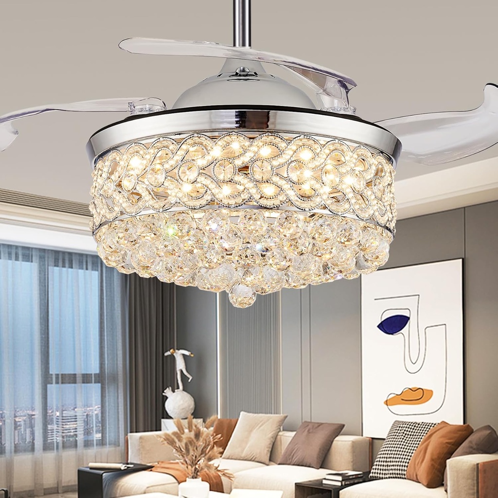 42" Crystal Ceiling Fan with Light and Remote，Dimmable Fandelier with Invisible Retractable Blades, Modern Chandelier Ceiling Fans with Lights for Bedroom Living Room 6 Speed Chrome