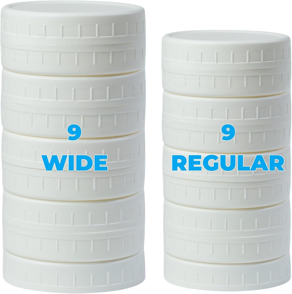 18 Pack White Plastic Mason Jar Lids with Silicone Rings, 9 Wide Mouth & 9 Regular Mouth Canning Lids for Ball & Kerr and More, 86mm &70mm Plastic Mason Jar Lids