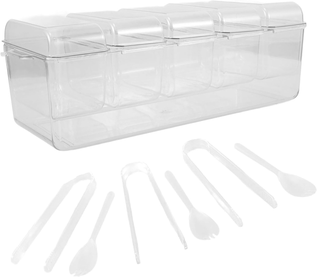 Clear Salad Condiment Server Set with Compartments Portable Food Dispenser for Fruit and Ice Includes Tongs and Forks for Picnics Parties and Home Use