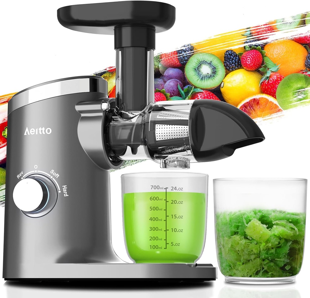 Aeitto Classic Horizontal Cold Press Juicer Easy to Clean, Masticating Juicer with Quiet Motor, High Juice Yield, Juicer Machines with Soft & Hard Modes for Fruits & Vegetables, Grey