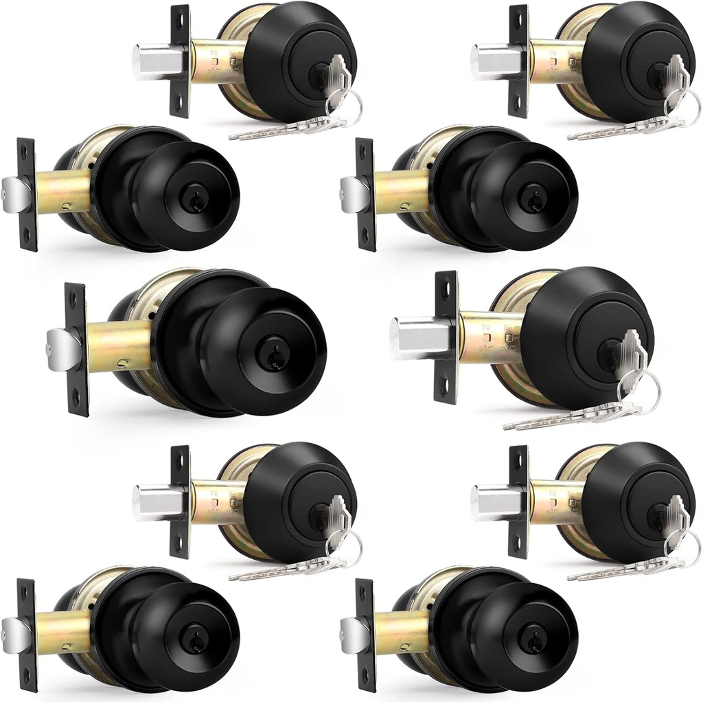 Probrico Entry Door Knob Lock Set and Double Cylinder Deadbolt Combination Keyed Alike Handleset for Outside Gate and Front Door 5 Pack, Flat Black