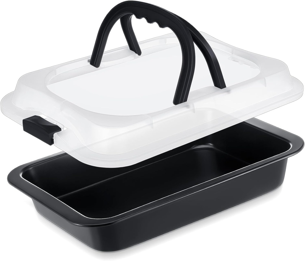 1 Pcs Cake Baking Pan with Lid and Handle, 9 x 13 Inch Non-stick Rectangle Sheet Cake Pan Carrier for Brownie Roasting Cooking Baking (Black Gray)
